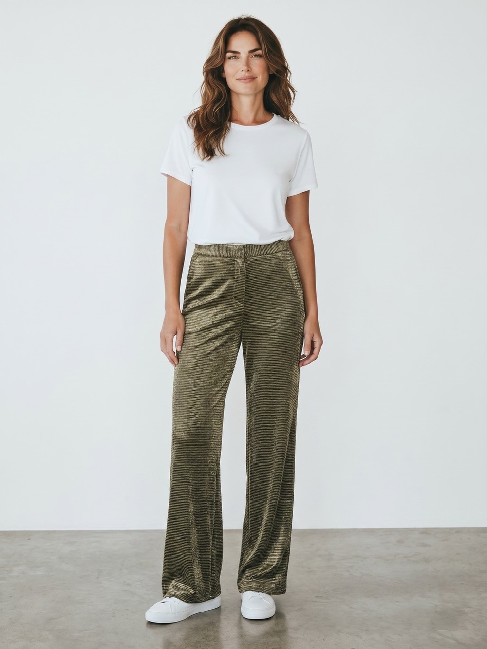 NWT New FRNCH Paris Olive Khaki Wide Leg Velvet Burnout Pants Size M